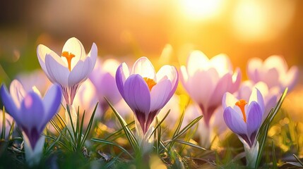 Spring Flowers - Crocus Blossoms on Grass with Sunlight, Close-up Shot