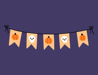 Cute Halloween bunting isolated on a purple background. Vector hand-drawn illustration in flat style. Perfect for cards, decorations, holiday designs.