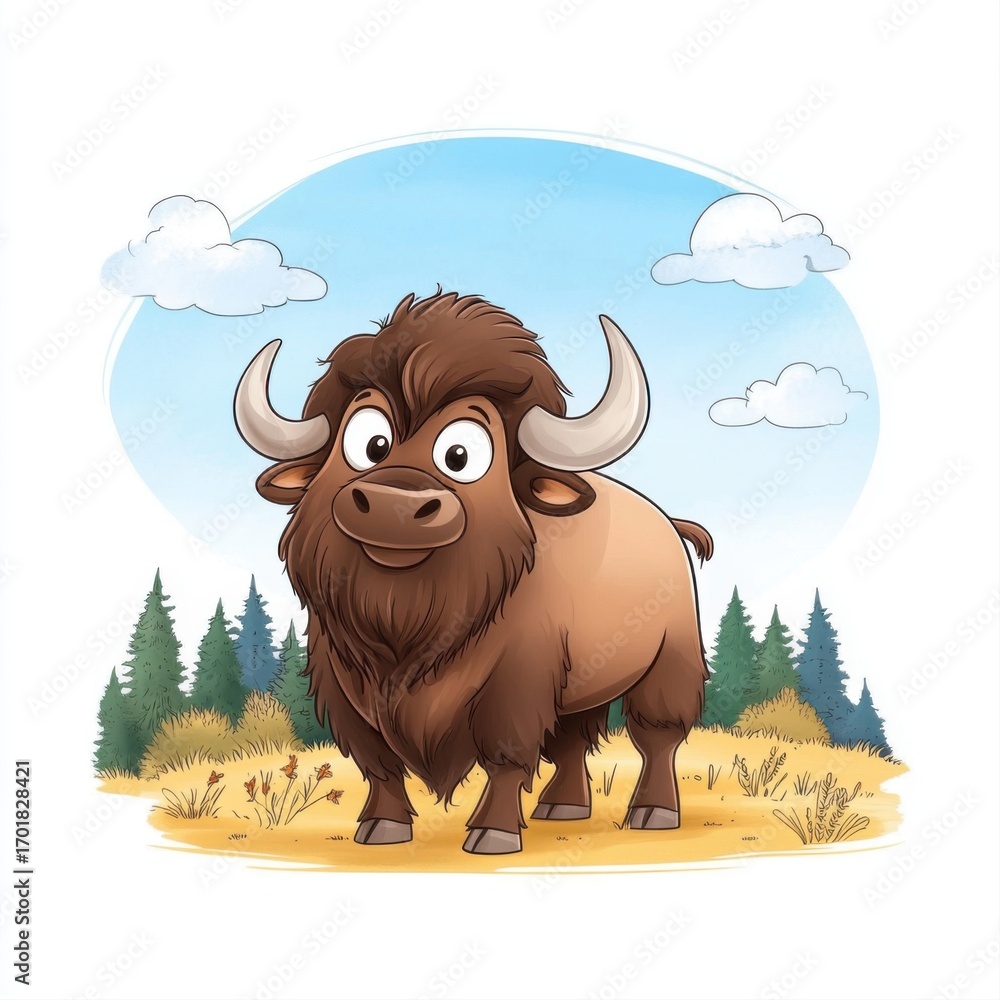 Poster cartoon bison character with friendly expression in nature background