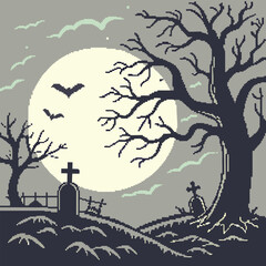Pixel art graveyard shows a full moon, bats, trees and tombstones