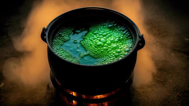 Bubbling green witch's cauldron over fire with smoke. Halloween spell potion closeup. Scary holiday concoction time lapse footage.
