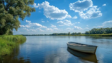 Spring Summer Landscape with Blue Sky and River Boat, Ideal for Relaxing Outdoor Themes.