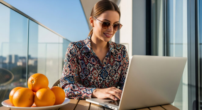 Woman in sunglasses typing on laptop at outdoor cafe, working remotely. Modern lifestyle and freelance job.