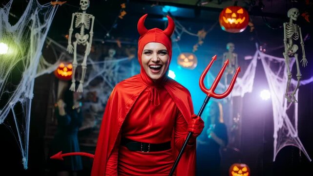 Happy woman in red devil costume holding a trident, smiling at a Halloween party with spooky decorations and festive lighting footage.