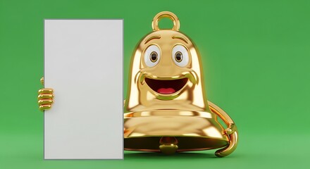Cartoon Bell Holding White Sign on Green Background
