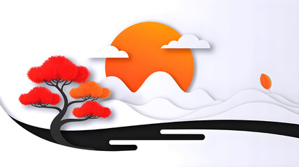 Papercut-style fall landscape with bold red trees silhouetted against an orange sunset