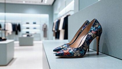 Elegant Floral High Heels in Boutique Display: Fashionable Women's Footwear for Special Occasions