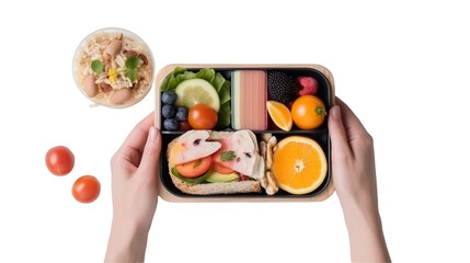 Hands holding a bento box filled with various healthy foods