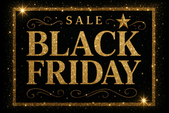 Black Friday Sale Banner with Glittering Gold Text and Sparkle Frame on Black Background