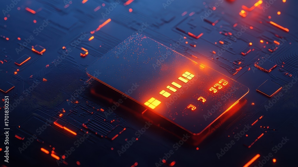 Poster close up of computer chip with glowing orange light and circuit board