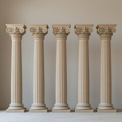 Fototapeta premium Five stone columns, evenly spaced, feature a detailed fluted design and ornate classical capitals against a softly lit neutral wall background.