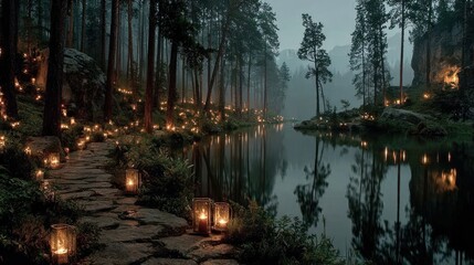 A candlelit vigil in the middle of a tranquil forest at dusk