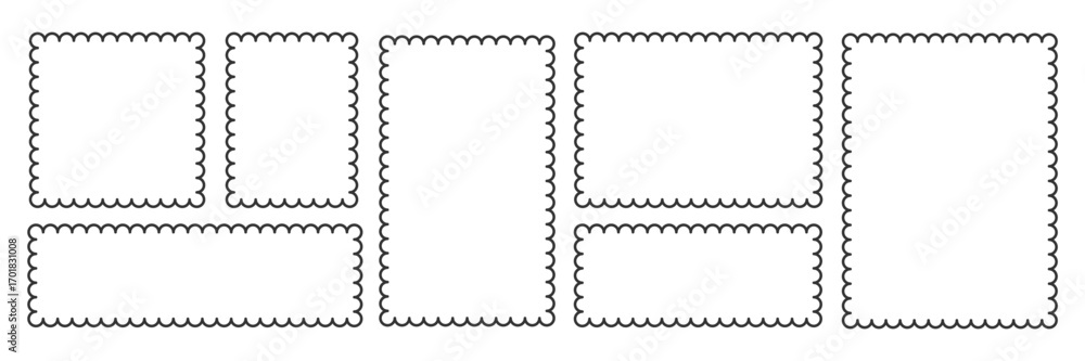 Poster scalloped rectangle frame set. outline border template. simple label vector. minimalist wavy line fr
