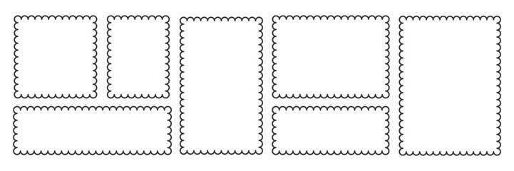 Scalloped rectangle Frame set. Outline border template. Simple label vector. Minimalist wavy line frames. Blank rectangular text box. Scallop edge stamp