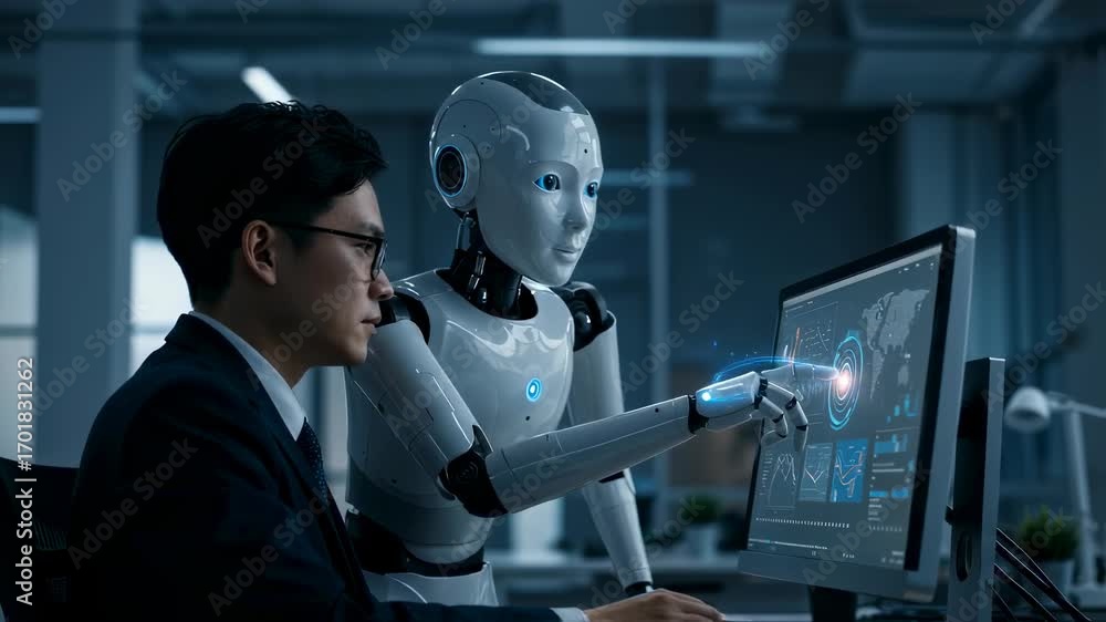 Poster asian business man and humanoid robot working together on computer, interacting with digital data fo