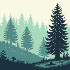 Obraz premium Silhouetted pine trees stand in a moody green forest landscape against light backdrop