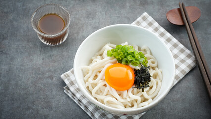 Udon Noodles with egg yolk and dashi soup, japanese food