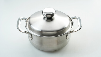 Stainless steel cooking pot on white background
