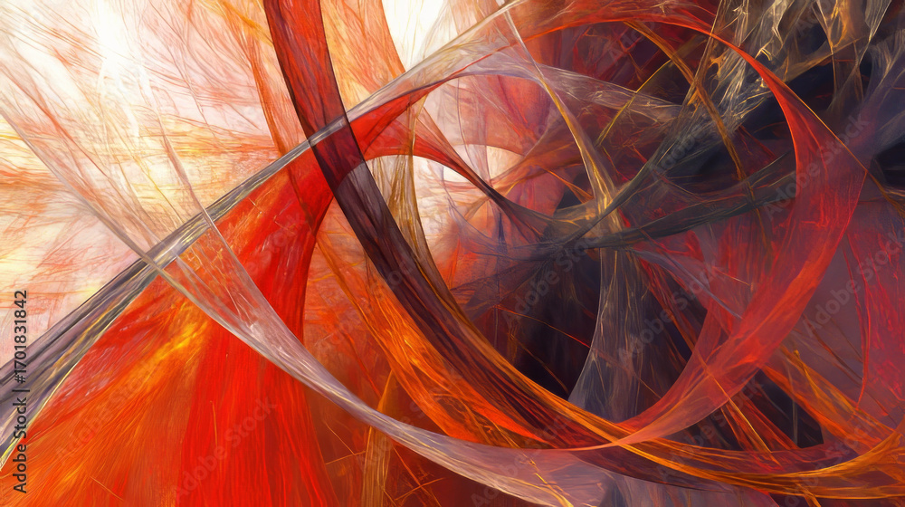 Poster abstract fractal art featuring swirling patterns of red orange and gray with a dynamic and chaotic c