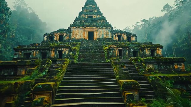 Ancient stone temple pyramid with moss lush vegetation and mist shrouded dense tropical jungle for multi tiered staircases forgotten civilization spiritual reverence history adventure fantasy concept