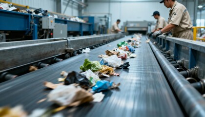 Obraz premium Waste Management Facility: Conveyor Belt Sorting Mixed Municipal Solid Waste Recycling for a Sustainable Future