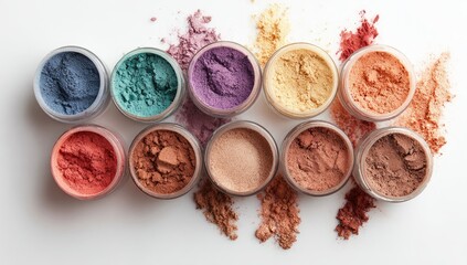 Colorful eyeshadow or powder in small jars, scattered on white background