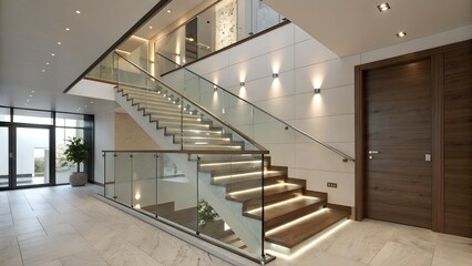 Stunning modern interior design featuring a stylish staircase with glass railings staircase, interior, design, home, modern, glass, railings, wooden, steps, entryway, luxury, daylight, spacious,