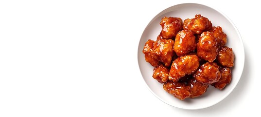 Delicious and savory orange chicken on a white plate isolated on white background, a popular asian dish