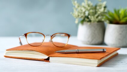 Desk setup with glasses pen and open notebook for study or work.