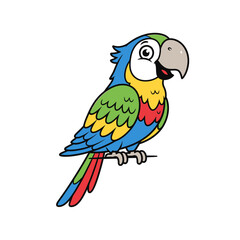 Fototapeta premium Cartoon illustration of a colorful parrot perched on a branch, featuring blue, yellow, green, and red plumage.