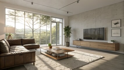 Fototapeta premium Modern living room with large windows showcasing nature, cozy furnishings, and clean lines creates a serene atmosphere in an elegant urban apartment