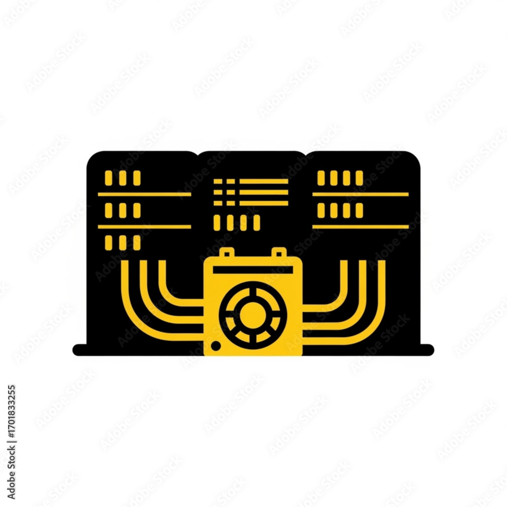 Poster vector art of abstract illustration of a server rack with glowing yellow circuits and data flow