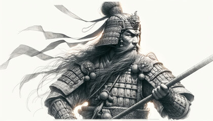 Ink illustration of a powerful and veteran East Asian warrior general or samurai with a flowing beard.