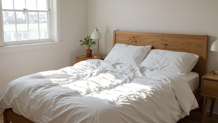 Cozy bedroom with sunlight streaming through the window, showcasing a modern bed and minimalist decor in a serene atmosphere perfect for relaxation