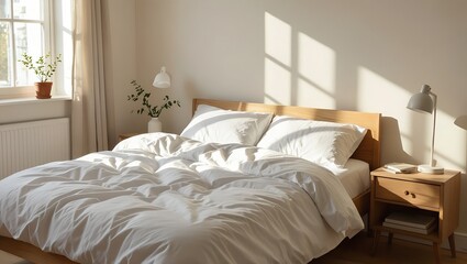 Cozy bedroom with warm sunlight casting shadows on a neatly made bed and bedside table in a serene, inviting atmosphere