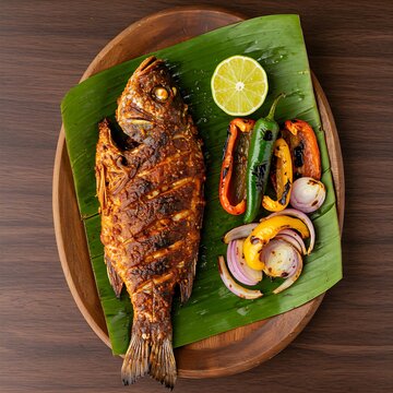  a "Tikin Xic" platter, featuring a whole grilled fish marinated in achiote and sour orange, served on a bed of banana leaves with grilled bell peppers and onions
