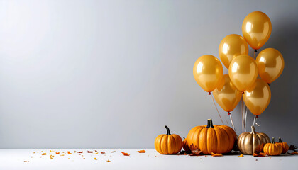 Harvest Festival Pumpkins and Golden Balloons on a Clean Background