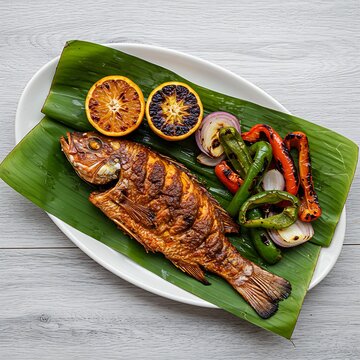  a "Tikin Xic" platter, featuring a whole grilled fish marinated in achiote and sour orange, served on a bed of banana leaves with grilled bell peppers and onions