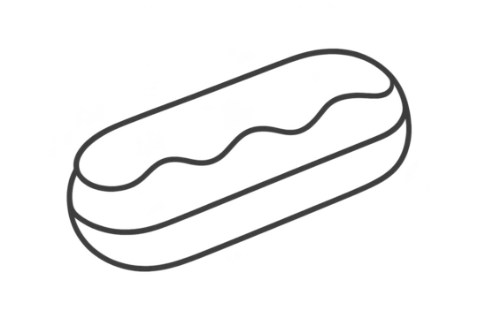 Outline of an éclair with transparent background, minimalistic design, dessert.