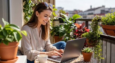 Happy young woman working from home on laptop on a sunny balcony. Remote work, online study, or freelance concept for digital nomad lifestyle.