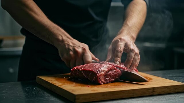 Chef man slicing raw beef meat on a wooden cutting board in a professional kitchen, preparing food to cook, dinner preparation video footage.
