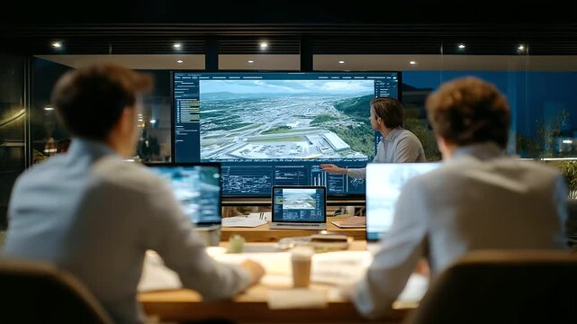 A team collaborates on an airport blueprint in a planning room with laptops showing schematics a whiteboard sketching runways coffee cups scattered and a window overlooking a