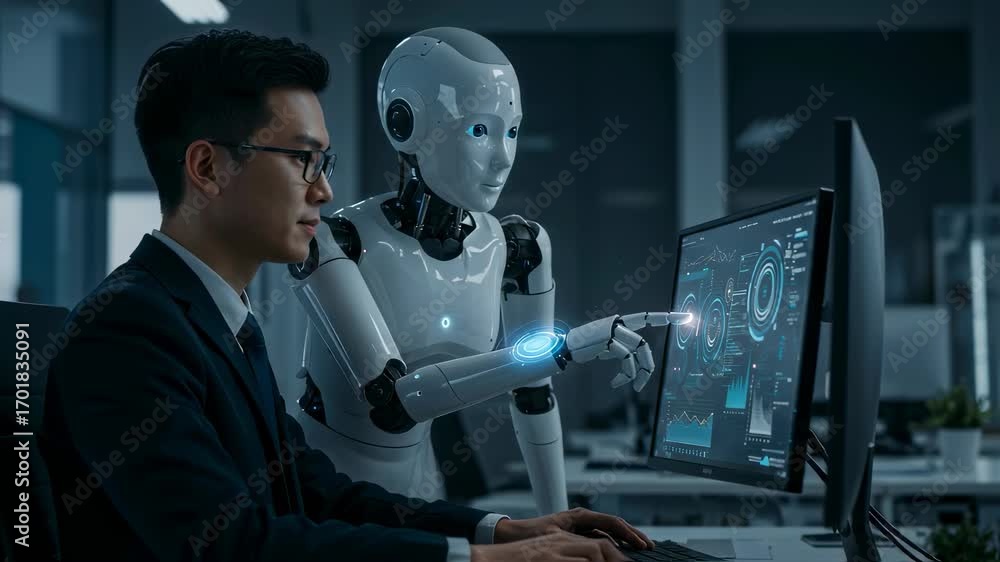 Poster asian man developer and white robot collaborate on computer screen in office, showing a concept of h