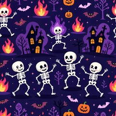Colorful Halloween pattern featuring dancing skeletons, spooky houses, and pumpkins in a vibrant night scene with playful flames and bats