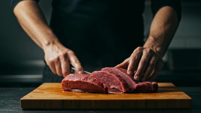 Chef slicing a raw beef steak on a wooden board with a sharp knife to prepare for cooking, food preparation footage.