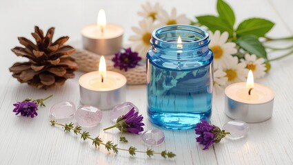 Relaxing atmosphere created by blue jar filled with water surrounded by lit candles, flowers, and natural elements on a wooden surface at home during a calm evening