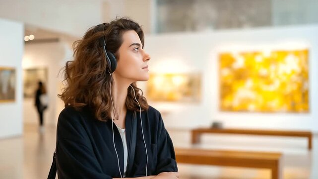 A visitor listens to an audio guide in a contemporary art gallery with headphones on abstract paintings glowing a bench nearby and soft lights casting shadows shown in a conte