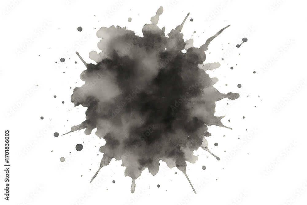 Poster abstract dark gray watercolor splash exploding on transparent background, creating a textured and ar