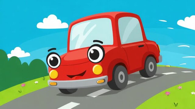 Smiling red cartoon car character animation, cheerful children&rsquo;s illustration
