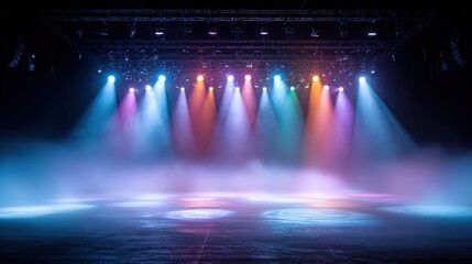 Empty Stage with Dynamic Lighting and Smoke Effects Ready for Performance or Event